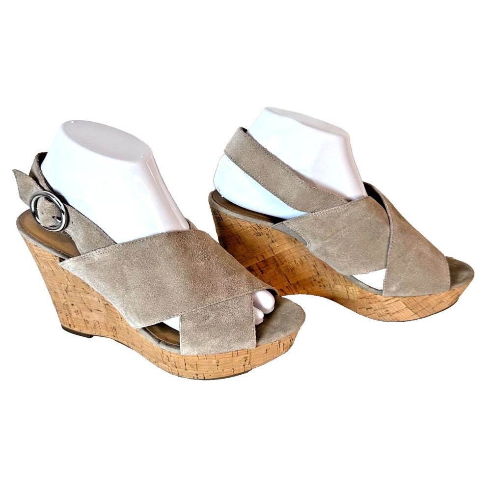 Franco Sarto Sari Wedge Sandals Womens US 9 Taupe Leather Cork Wedge Heels Shoes